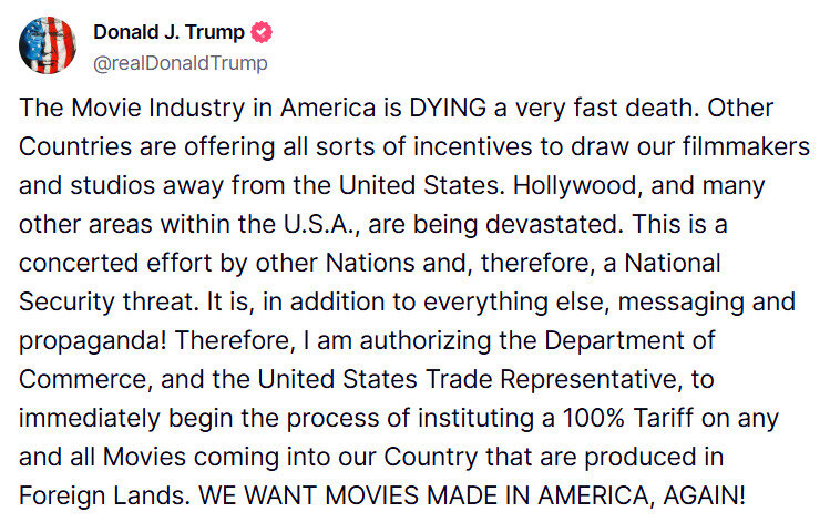 Трамп введет 100% пошлины на фильмы