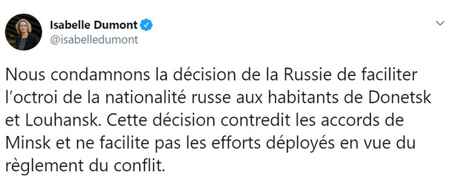 Франция осуждает решение России облегчить предоставление гражданства жителям ОРДЛО, - Дюмон 01