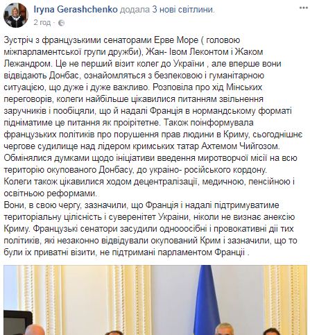 Делегация французских сенаторов впервые посетит Донбасс, - Ирина Геращенко 02