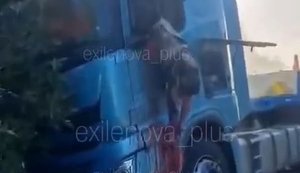Body of driver from Voronezh hangs from truck cab after drone attack on road through occupied territories: "Driver’s goner. Yeah, he’s f#cked". VIDEO 18+