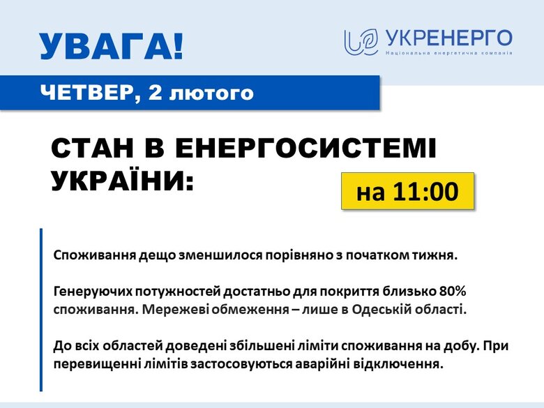 Потребление электроэнергии уменьшилось. Генерация покрывает около 80% потребностей, - Укрэнерго 01