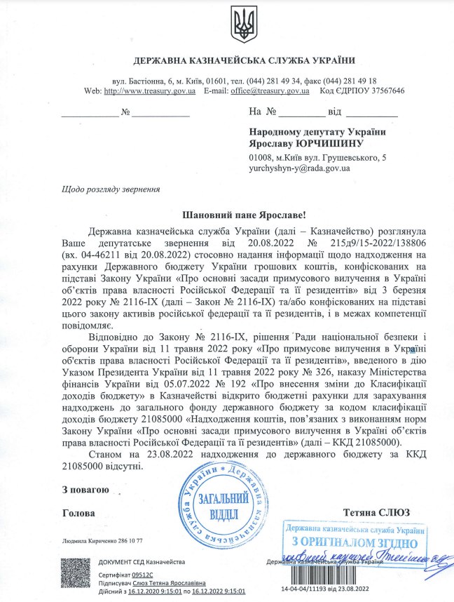В Казначействе заявили, что поступлений от конфискации российских активов в Украине не было. О каких 28 млрдах тогда доложили Президенту? – Юрчишин 01