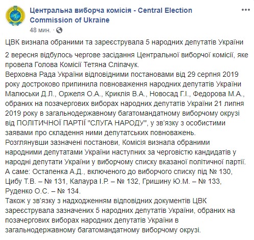 ЦВК зареєструвала 5 нових нардепів замість тих, які пішли в Кабмін 01