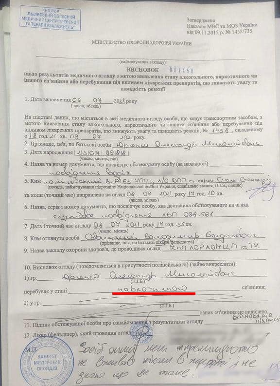 Лерос оприлюднив протокол огляду Юрченка після ДТП: Країною керують під кайфом. Історія з тестом на наркотики Зеленського стає дедалі актуальнішою 01