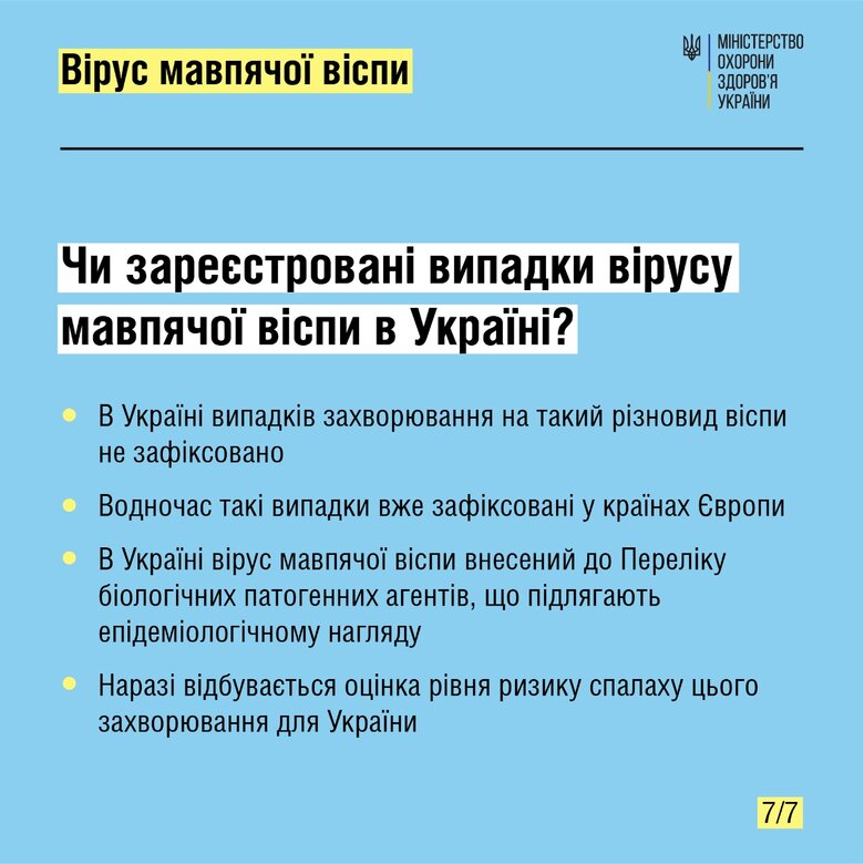 Випадків мавпячої віспи в Україні не зафіксовано, - МОЗ 07