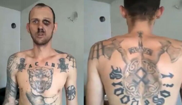 Captured occupier with black eye and tattoo with symbols of Third Reich: "I came to fight Nazis". VIDEO