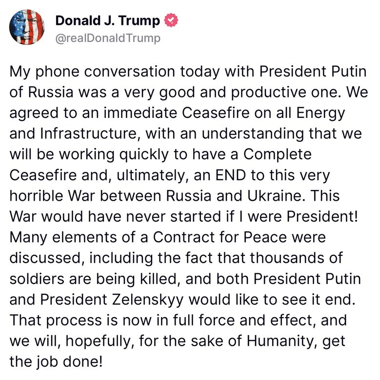Trump commented on the conversation with Putin on 18 March
