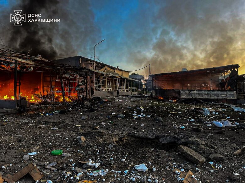 Market in the village of Velykyi Burluk after shelling