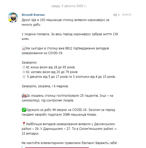 За сутки в Киеве выявлено 150 новых случаев COVID-19, один человек умер, всего 8,8 тыс. инфицированных, - Кличко 02