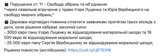 Україна має виплатити 19 тис. євро Ігорю Луценку і 25 тис. євро братові Вербицького, - ЄСПЛ 02