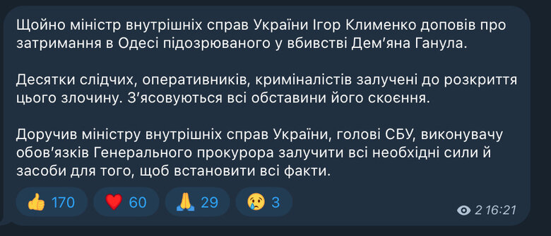 Вбивство активіста Дем'яна Ганула: Зеленський відреагував