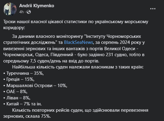 Клименко Андрій про зерновий коридор у серпні