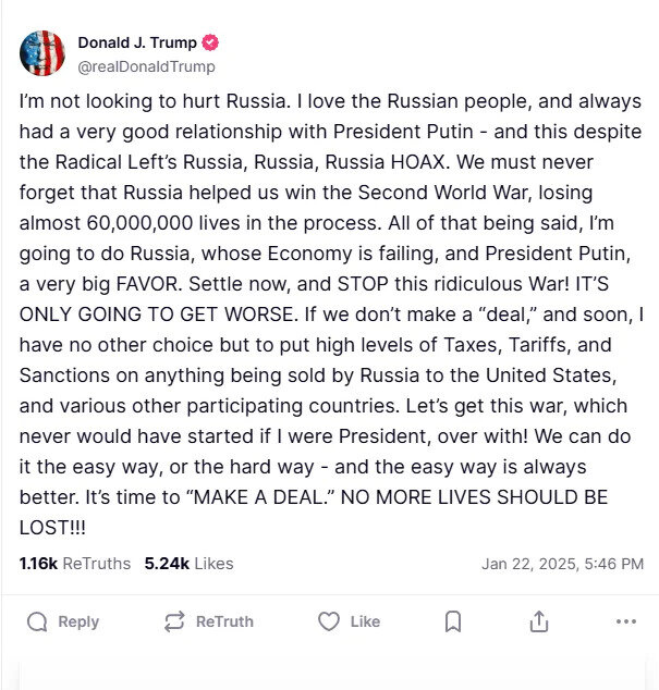 Дональд Трамп закликав Путіна піти на мирну угоду з Україною