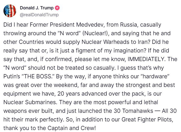 Трамп відповів на ядерні погрози Медведєва про Іран