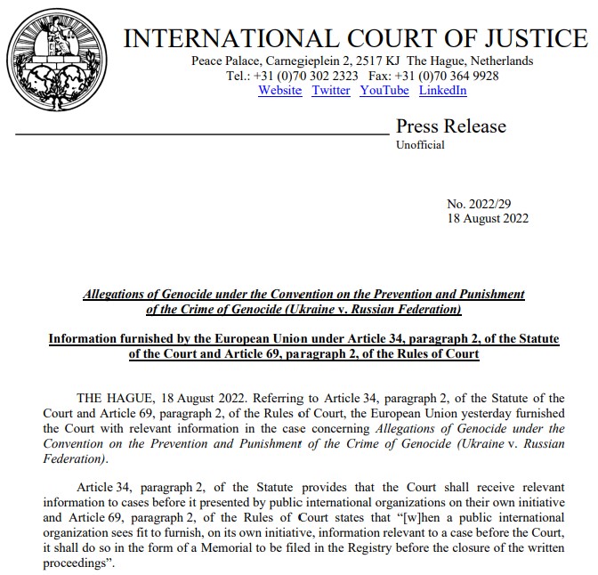 EU joined case of Ukraine regarding genocide of Russian Federation at UN International Court of Justice 01
