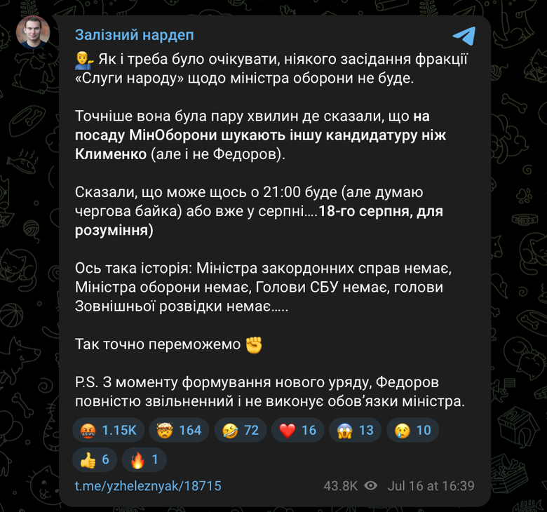 Железняк про новий Кабмін та міністра оборони