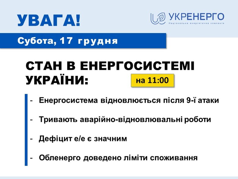 Энергосистема восстанавливается после атаки, блоки АЭС выходят на запланированную мощность, дефицит электроэнергии значителен, - Укрэнерго 01 Энергосистема восстанавливается после атаки, блоки АЭС выходят на запланированную мощность, дефицит электроэнергии значителен, - Укрэнерго 01