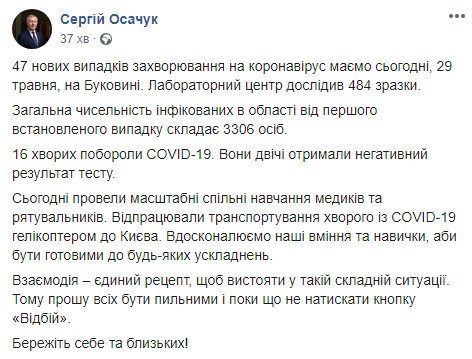 В Черновицкой области за сутки подтверждены 47 новых случаев COVID-19, - ОГА 01