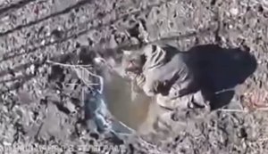 Уцілілий окупант стоїть навколішки перед калюжею, пригоршнями черпає воду і п’є. ВIДЕО