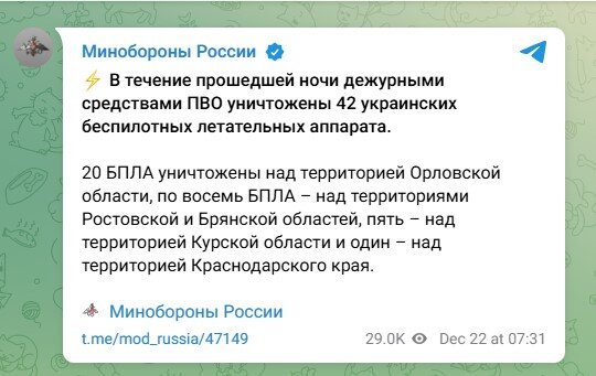 Міноборони РФ про збиття українських безпілотників