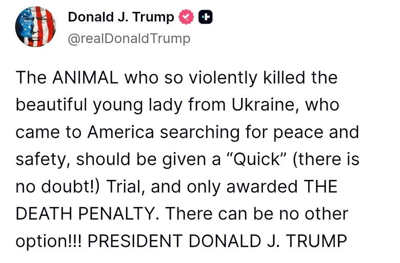 Трамп вимагає смертної кари для вбивці української біженки Заруцької в США