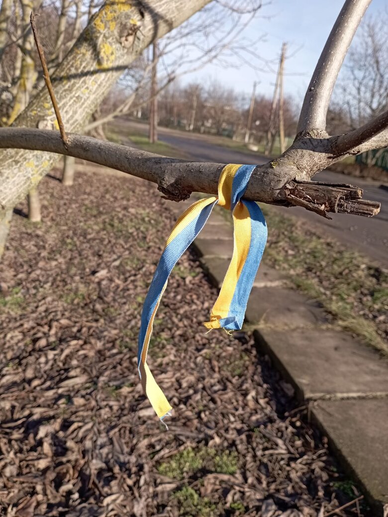 Жителі лівобережної Херсонщини на знак опору ворогу чіпляють синьо-жовті стрічки на вулицях 06