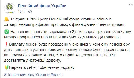 На выплату майских пенсий направлено еще 2,5 млрд грн, - Пенсионный фонд 02