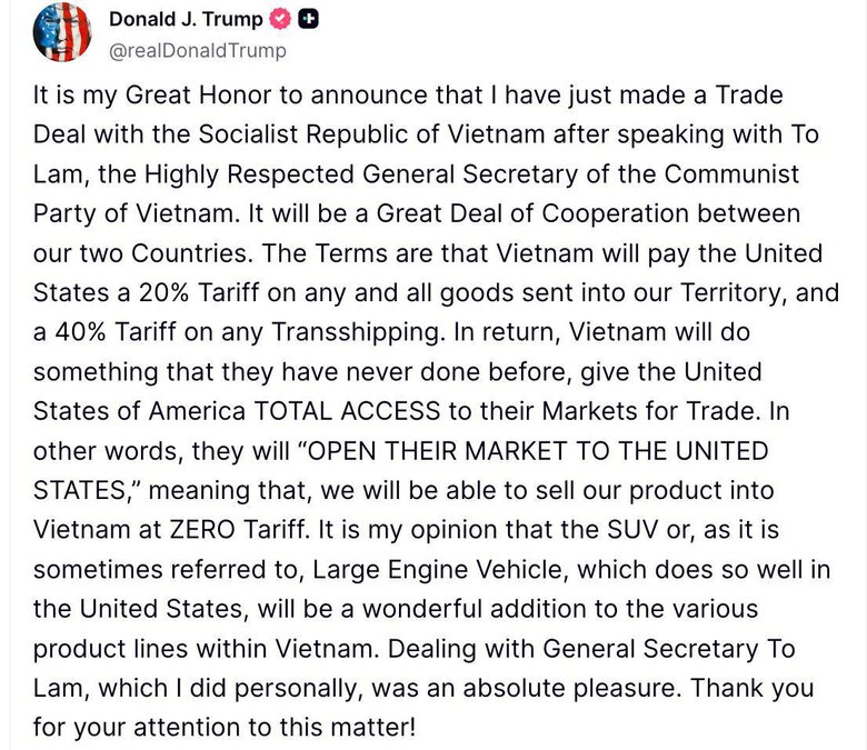 Трамп заявил о заключении "чудової" торговельної угоди з В’єтнамом