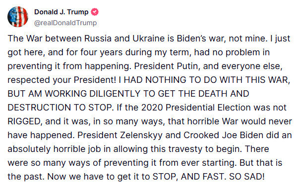 Трамп звинуватив Зеленського та Байдена у початку війни