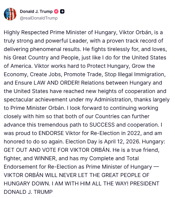 Трамп закликав угорців голосувати за Орбана: що відомо?