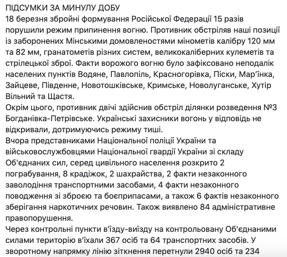 У зоні ООС поранено військовослужбовця, за добу - 11 обстрілів, - штаб 03