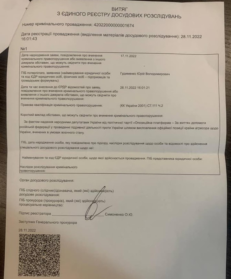 Офіс Генпрокурора за заявою Гудименка відкрив провадження проти нардепів ОПЗЖ 02