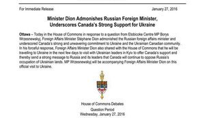 Canada's Foreign Minister Dion to Russian counterpart Lavrov: We will not tolerate Russian minister's insults against Ukrainian community in Canada. DOCUMENT