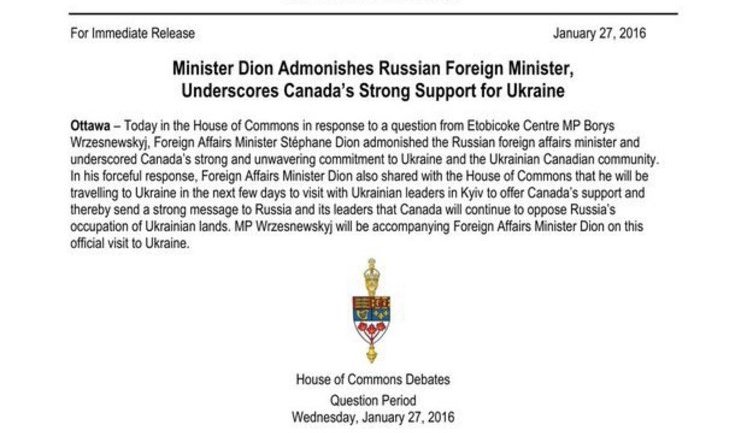 Canada's Foreign Minister Dion to Russian counterpart Lavrov: We will not tolerate Russian minister's insults against Ukrainian community in Canada. DOCUMENT