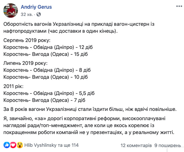 Вагони-цистерни Укрзалізниці за 8 років стали їздити удвічі повільніше, - Герус 01