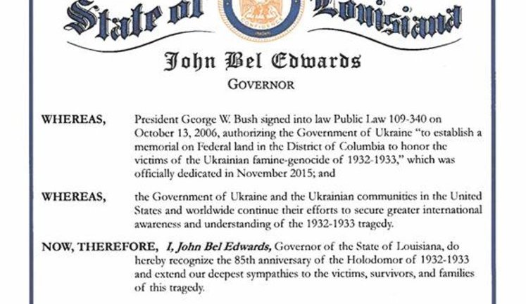 Штат Луизиана издал прокламацию о Голодоморе 1932-33 годов в Украине, - посольство Украины в США. ДОКУМЕНТ