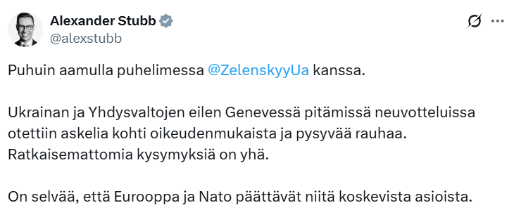 Стубб та Зеленський обговорили переговори в Женеві