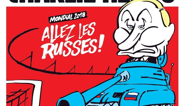 "Трагикомедия в Потемкинской деревне": журнал Charlie Hebdo к ЧМ-2018 изобразил Путина на танке на футбольном поле. ФОТО