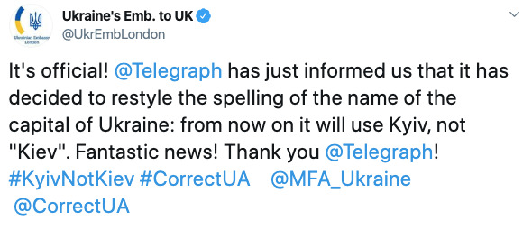 The Telegraph почав писати Kyiv, - посольство України у Великій Британії 01
