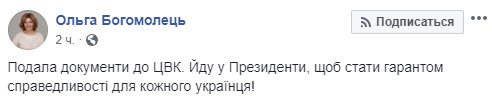 Богомолець подала документи у ЦВК для реєстрації кандидатом у президенти 03