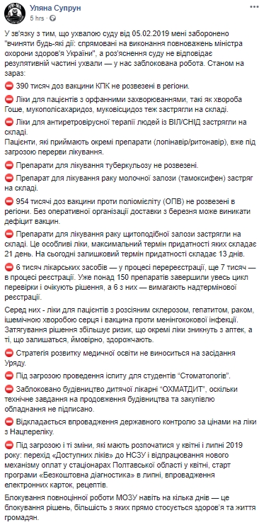 Ліки не розвезено по регіонах, заблоковано будівництво ОХМАТДИТ та впровадження програм, - Супрун назвала наслідки блокування роботи МОЗ 01 Ліки не розвезено по регіонах, заблоковано будівництво ОХМАТДИТ та впровадження програм, - Супрун назвала наслідки блокування роботи МОЗ 01