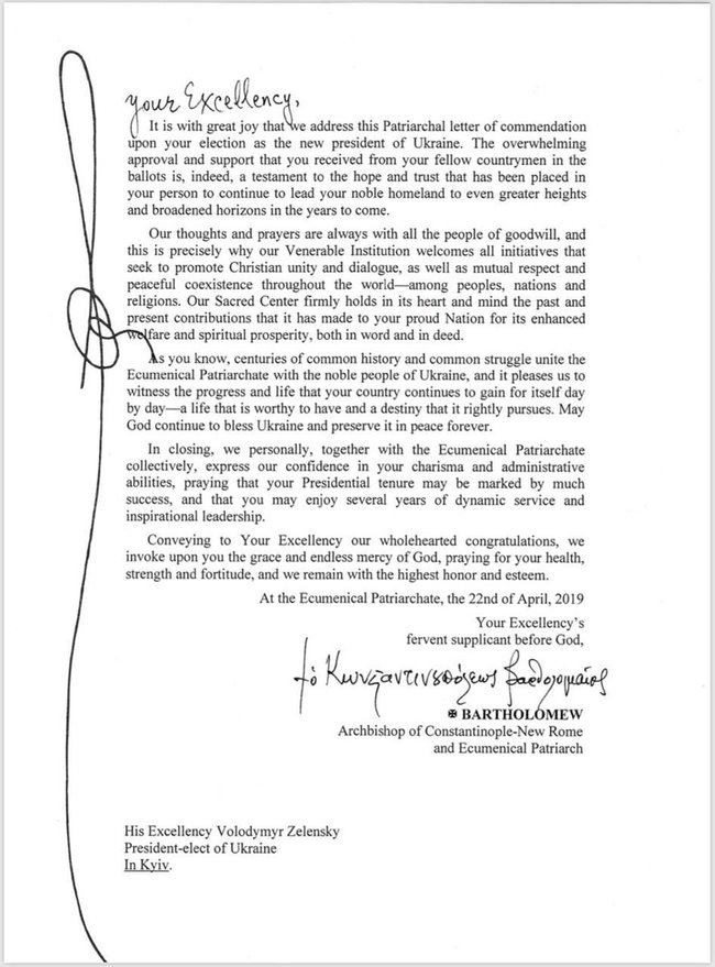 Patriarch Bartholomew congratulates president-elect Zelenskyi 01