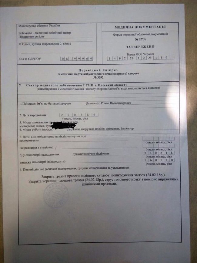 Получившему травму при выполнении служебных обязанностей лейтенанту полиции Роману Даниленко нужна помощь в лечении, - волонтер Домбровская 01