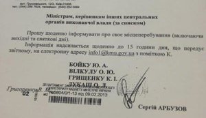 Арбузов требует, чтобы министры в письменной форме отчитывались, где проводят выходные. ДОКУМЕНТ (Обновлено)