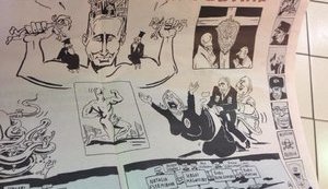 Журнал Charlie Hebdo сделал разворот про Путина: "Сцена тройного соития с Марин ле Пен и Депардье, герб КГБ на кресте, спрут Газпрома, а внизу трупы". ФОТО