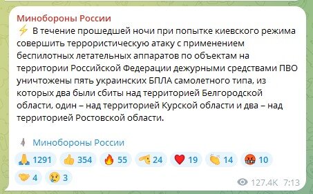 Міноборони РФ повідомило про збиття 6 українських дронів