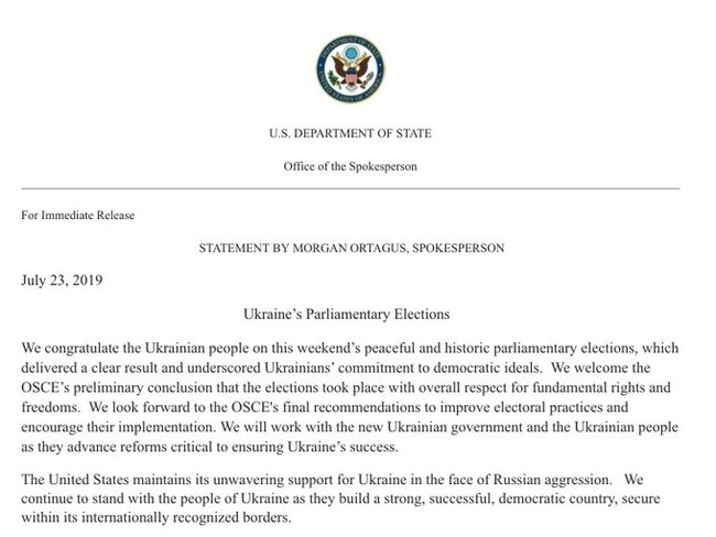 Парламентські вибори, що відбулися, підкреслили підтримку українцями демократичних ідеалів, - спікер Держдепу США Ортагус 01