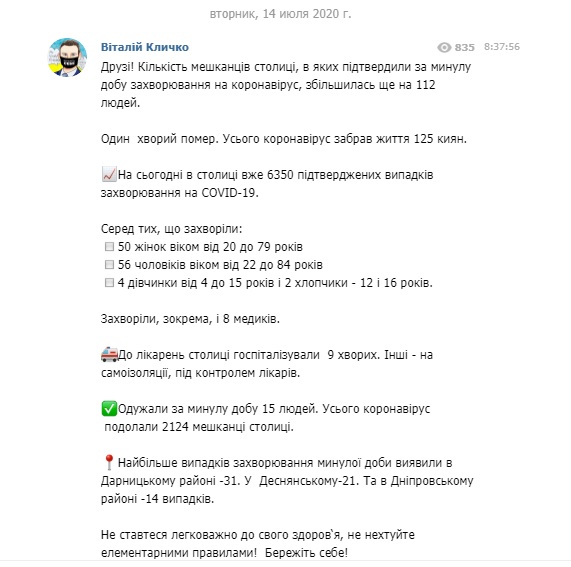 За добу в Києві 112 нових випадків COVID-19, серед інфікованих - вісім медиків. Одна людина померла, - Кличко 02