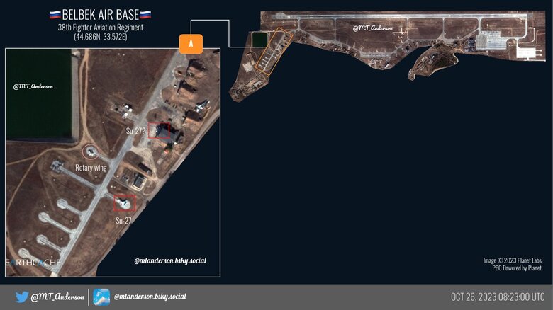 Россияне нарисовали на аэродроме Бельбек в оккупированном Крыму граффити 4 истребителей 03