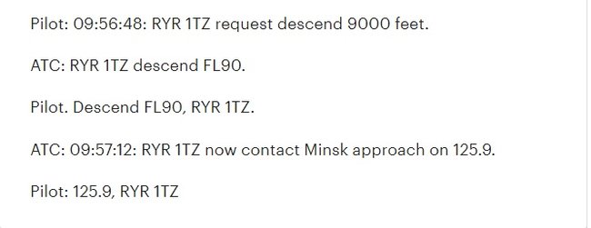 Білорусь опублікувала стенограму переговорів диспетчерів з пілотом літака Ryanair 10
